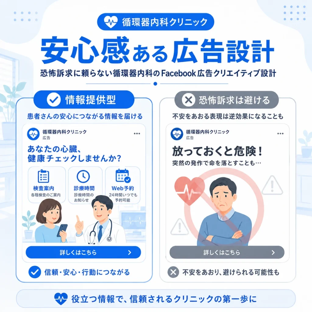 恐怖訴求に頼らず検査案内やWeb予約を伝える循環器内科の広告クリエイティブ設計を示すイラスト