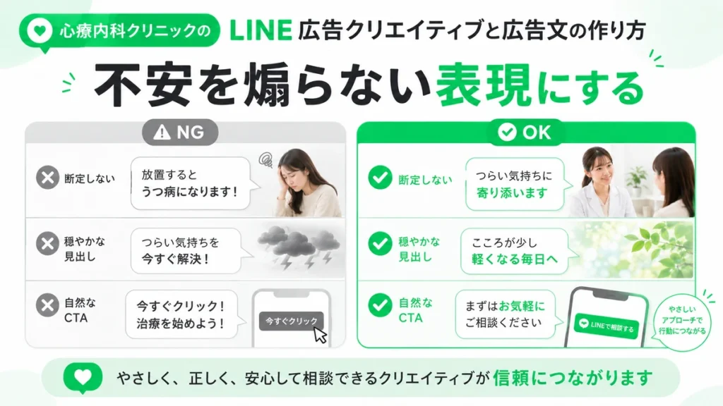 心療内科のLINE広告で不安を煽らない広告文とクリエイティブの作り方を比較する図解