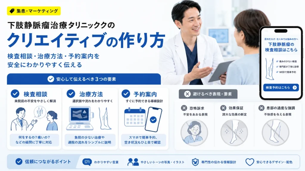 下肢静脈瘤治療クリニックのFacebook広告クリエイティブで伝えるべき要素と避ける表現を示すイラスト