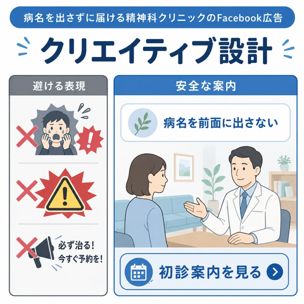 病名を前面に出さず安全な案内として精神科クリニックの広告クリエイティブを設計するイラスト