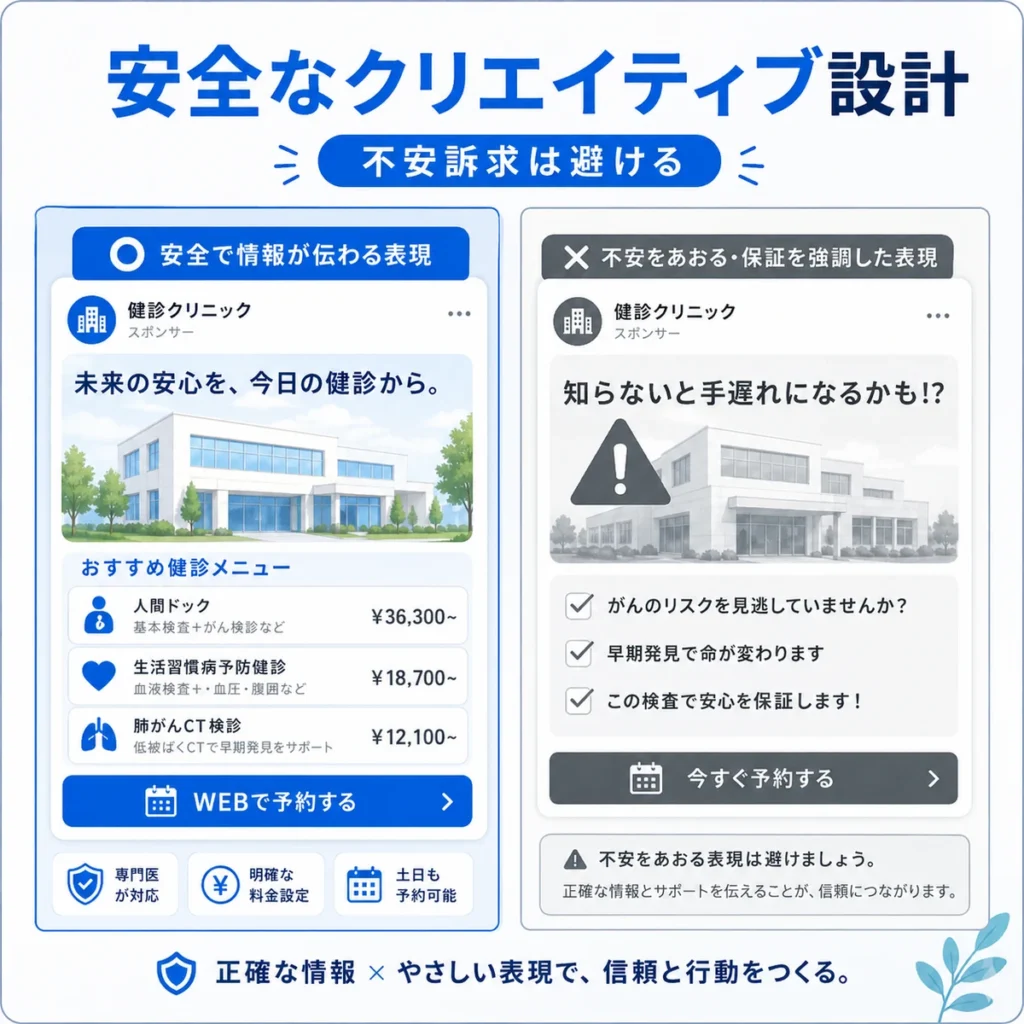 病気不安を煽らず健診メニューや予約情報を伝える安全な広告クリエイティブ設計のイラスト