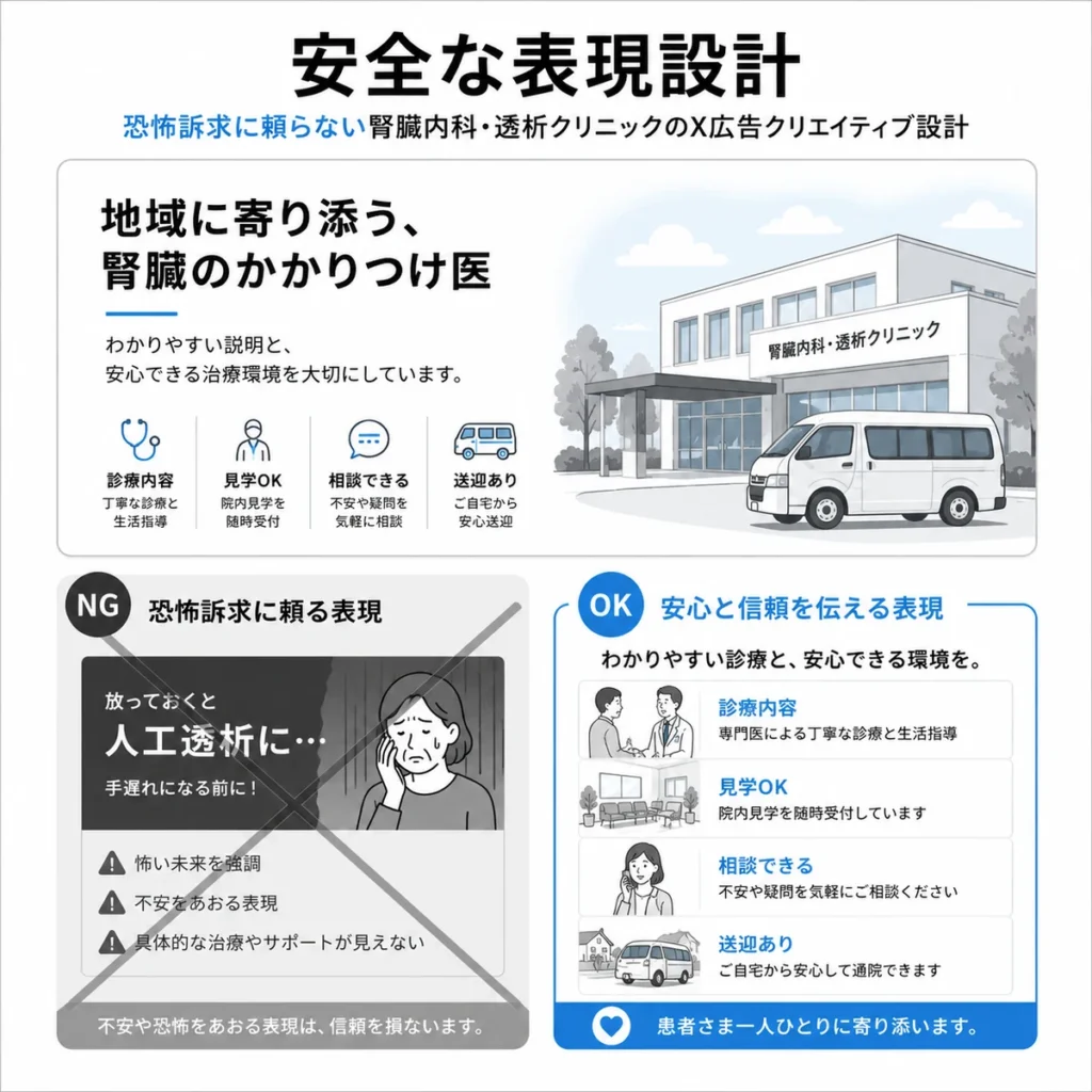 恐怖訴求に頼らず安心と信頼を伝えるX広告クリエイティブ設計の比較図