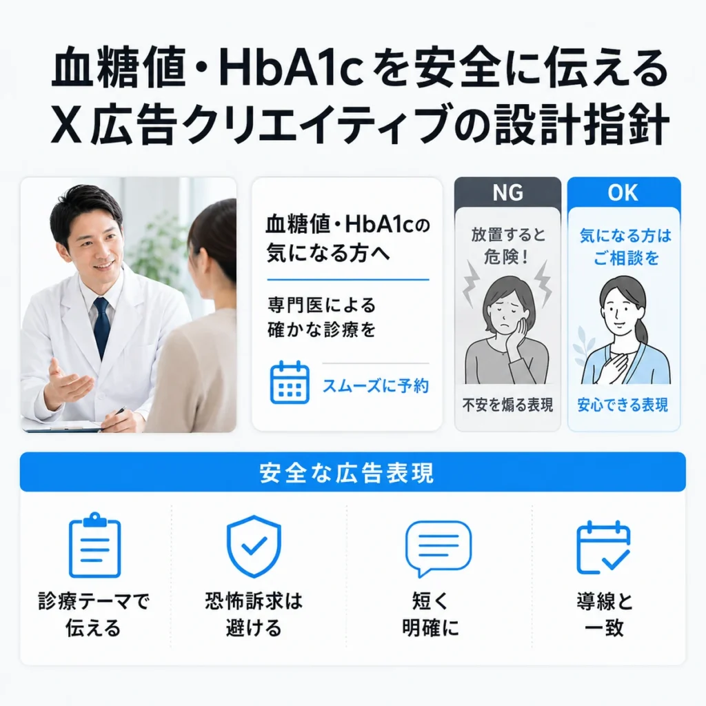血糖値やHbA1cを不安訴求せず安全に伝える広告クリエイティブ設計を示すイラスト