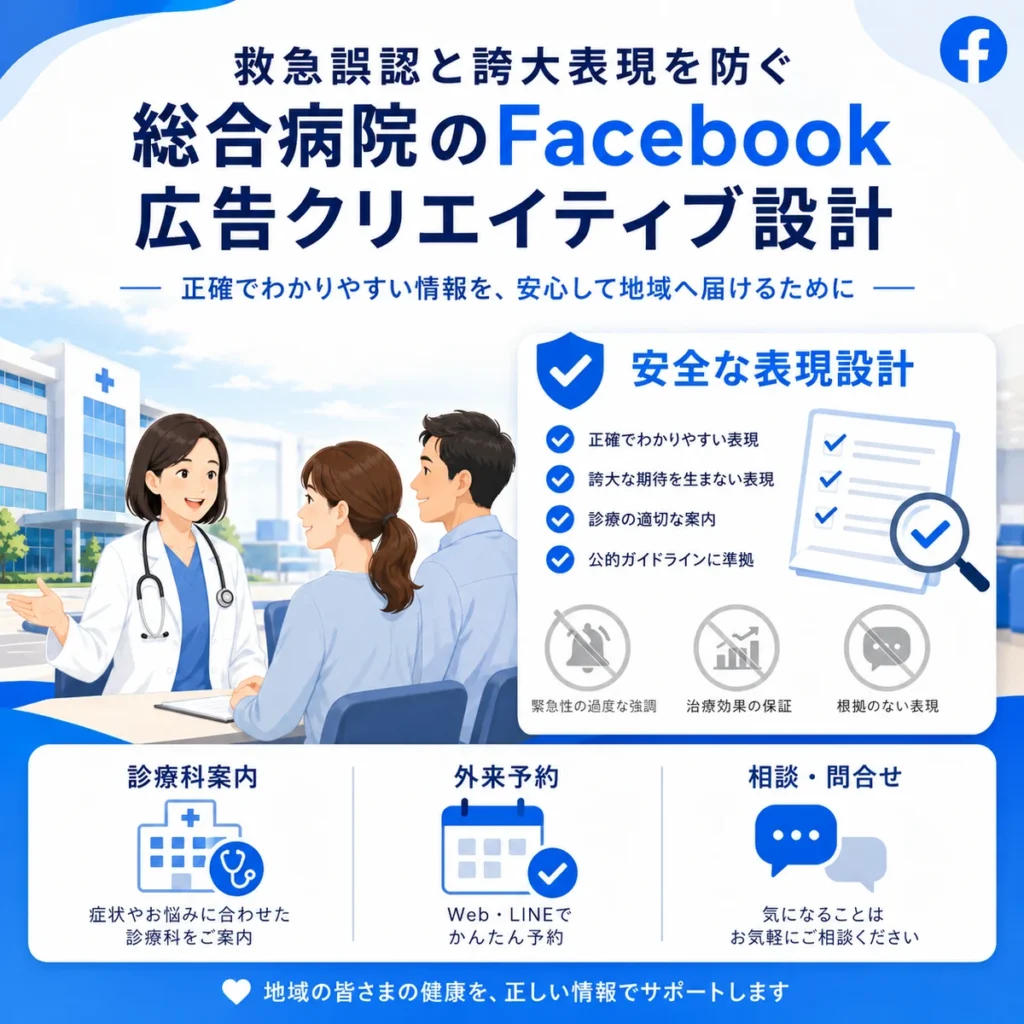 救急誤認や誇大表現を避けた総合病院の広告クリエイティブ設計を示すイラスト