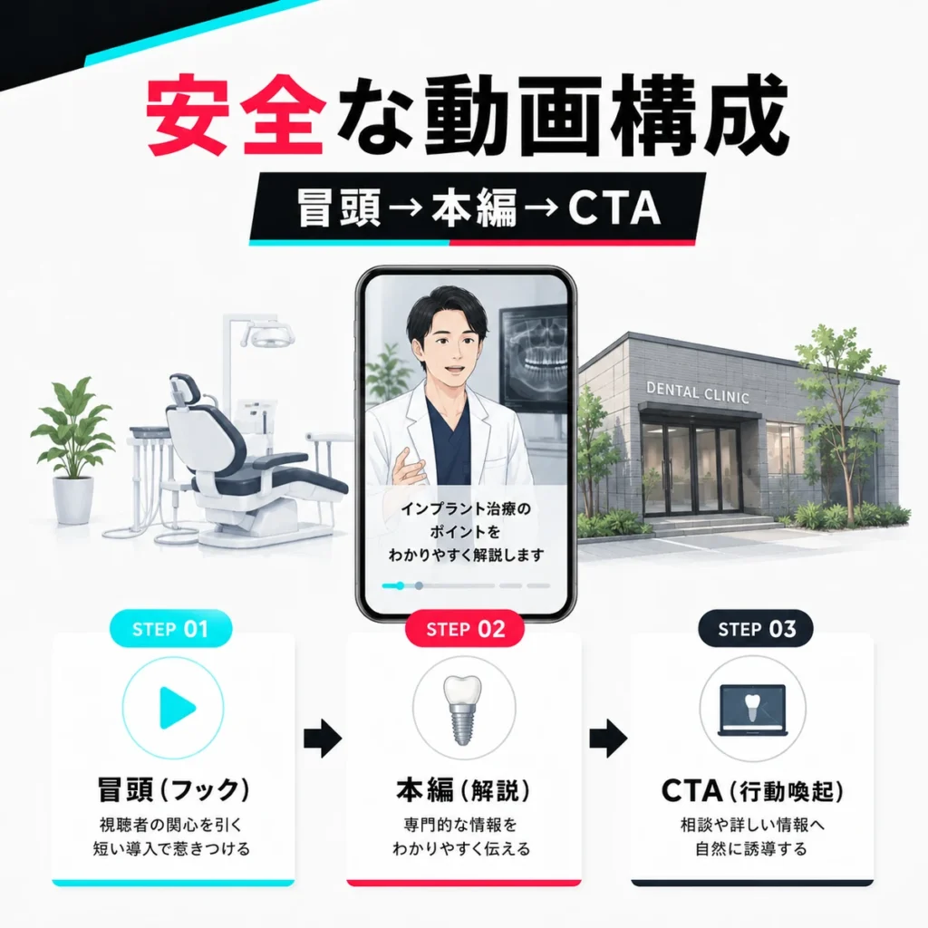 インプラント専門歯科のTikTok広告で安全な動画構成を冒頭からCTAまで示すイラスト