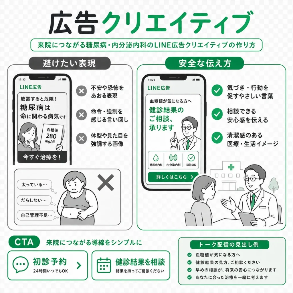 糖尿病・内分泌内科のLINE広告で避けたい表現と安全なクリエイティブを比較するイラスト