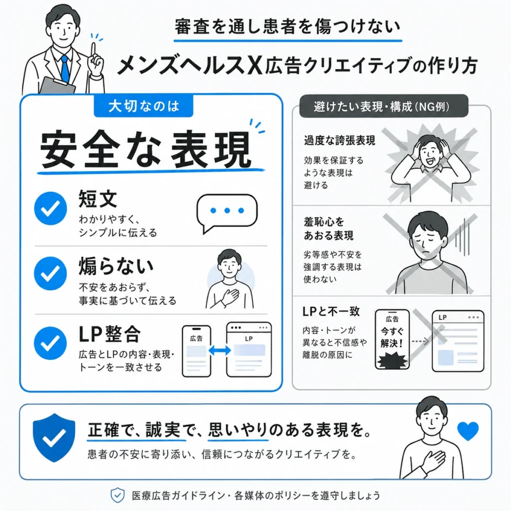 患者を傷つけない安全なメンズヘルスX広告クリエイティブの作り方を示すイラスト