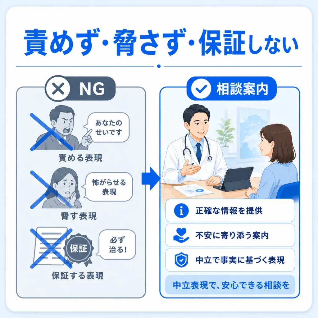 責めず脅さず保証しない医療広告クリエイティブ設計を示すイラスト