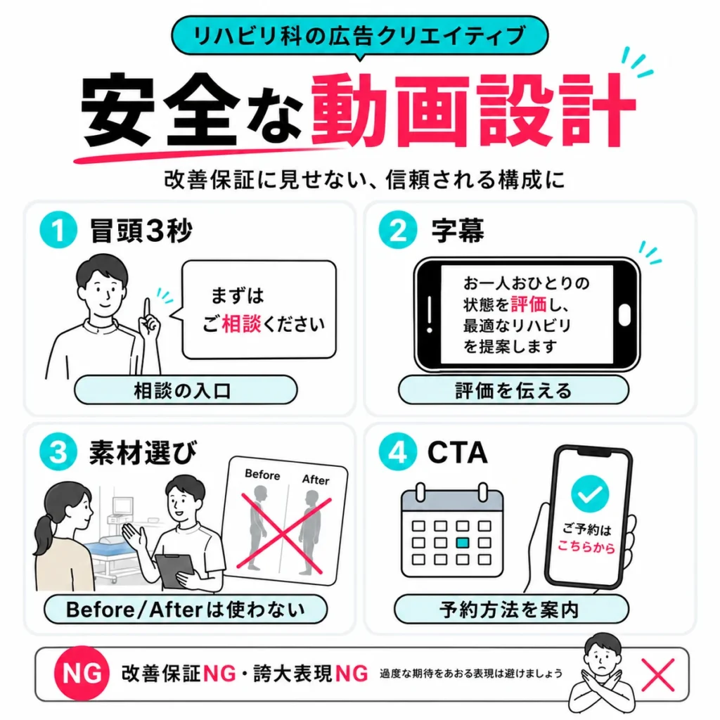改善保証に見せない安全なリハビリ広告動画の構成を説明するイラスト