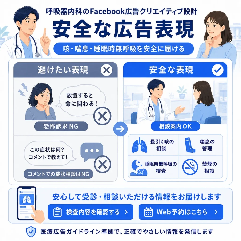咳や喘息、睡眠時無呼吸を恐怖訴求ではなく安全な広告表現で伝える比較イラスト