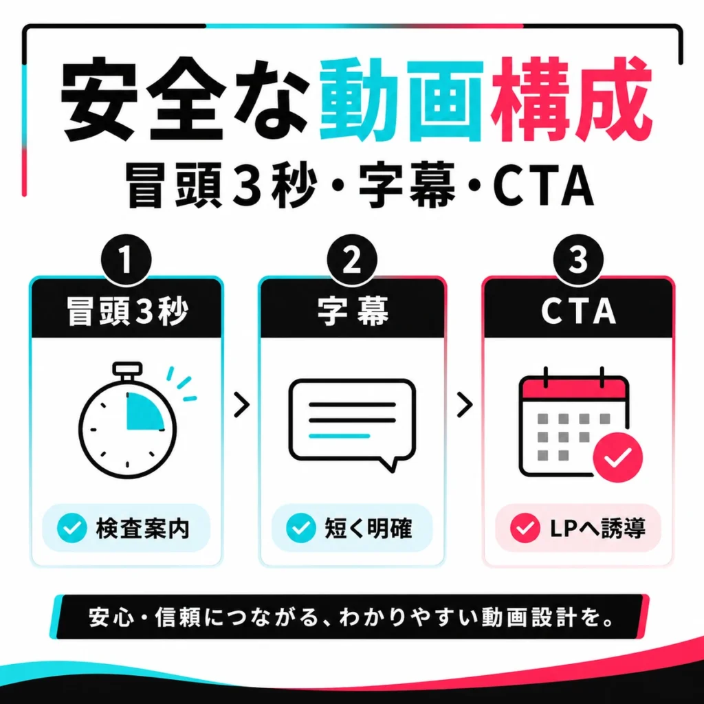 症状を断定しない冒頭3秒や字幕やCTAで安全な動画構成をつくる流れを示すイラスト
