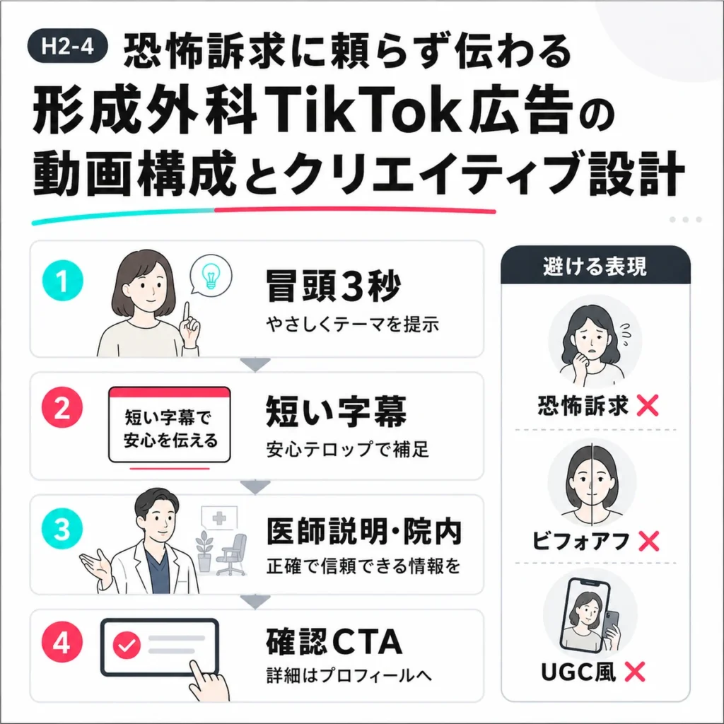 恐怖訴求に頼らず形成外科TikTok広告を構成する動画設計のポイントを示すイラスト