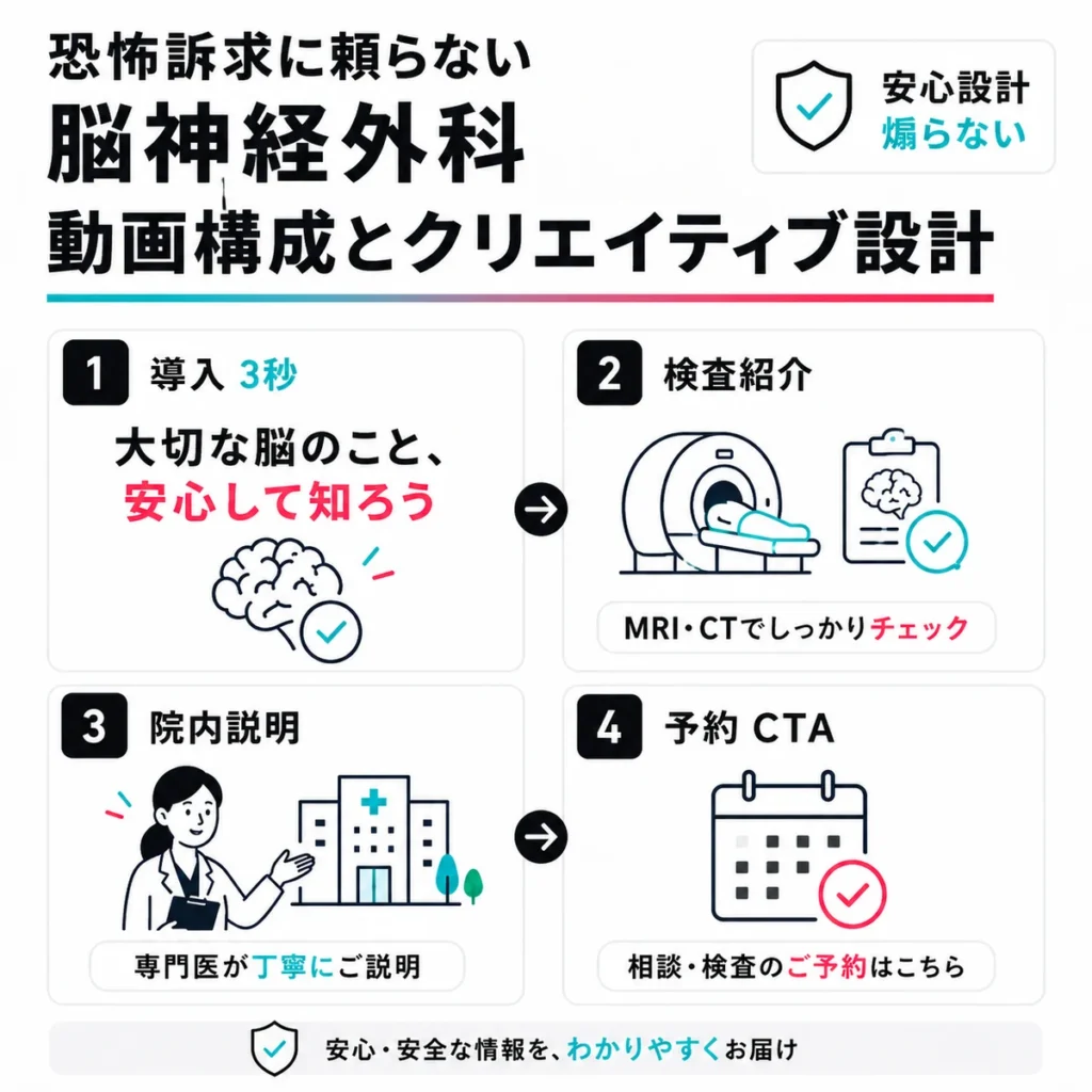 脳神経外科TikTok広告の動画構成と安心感のあるクリエイティブ設計を示すイラスト