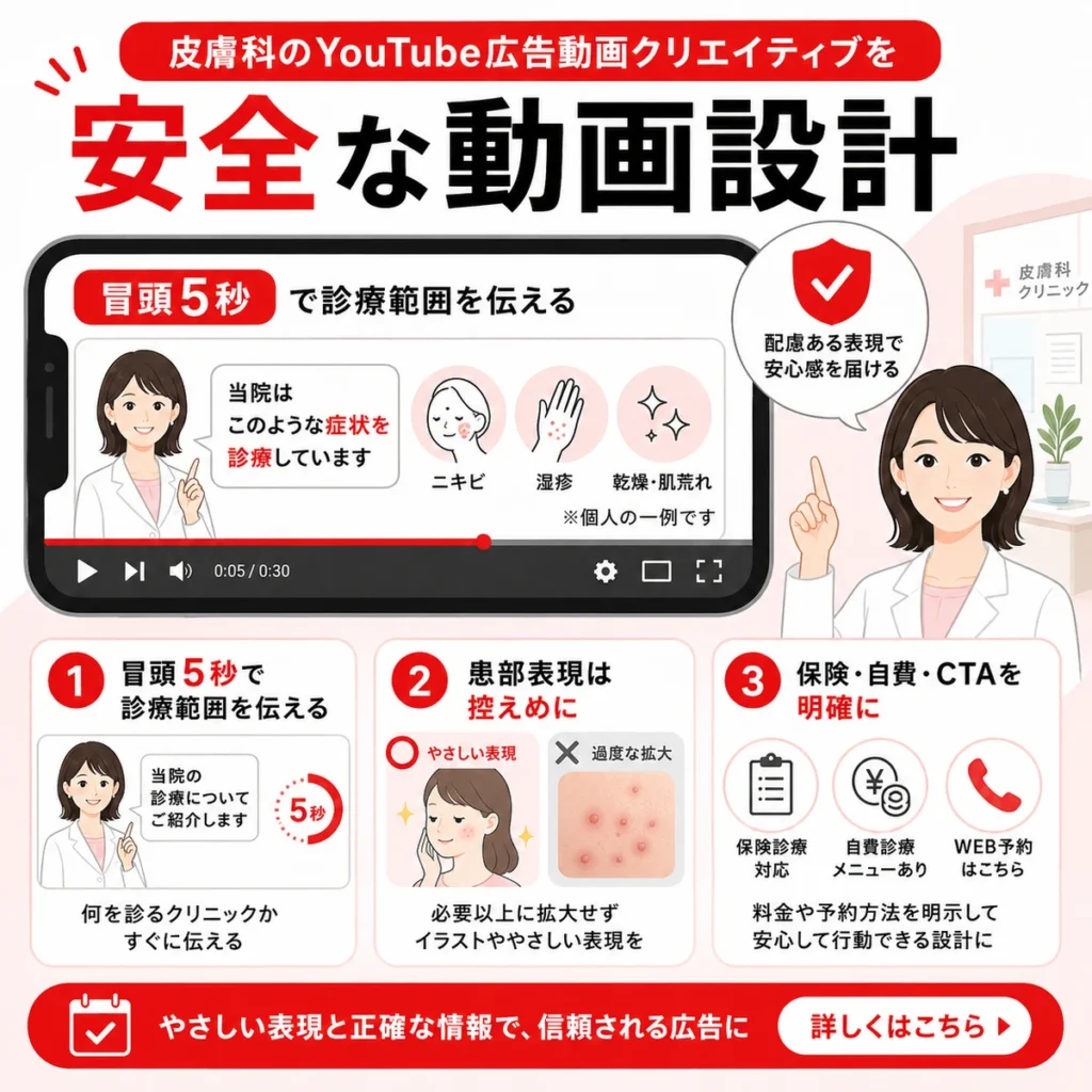 皮膚科YouTube広告の安全な動画クリエイティブ設計を示すイラスト