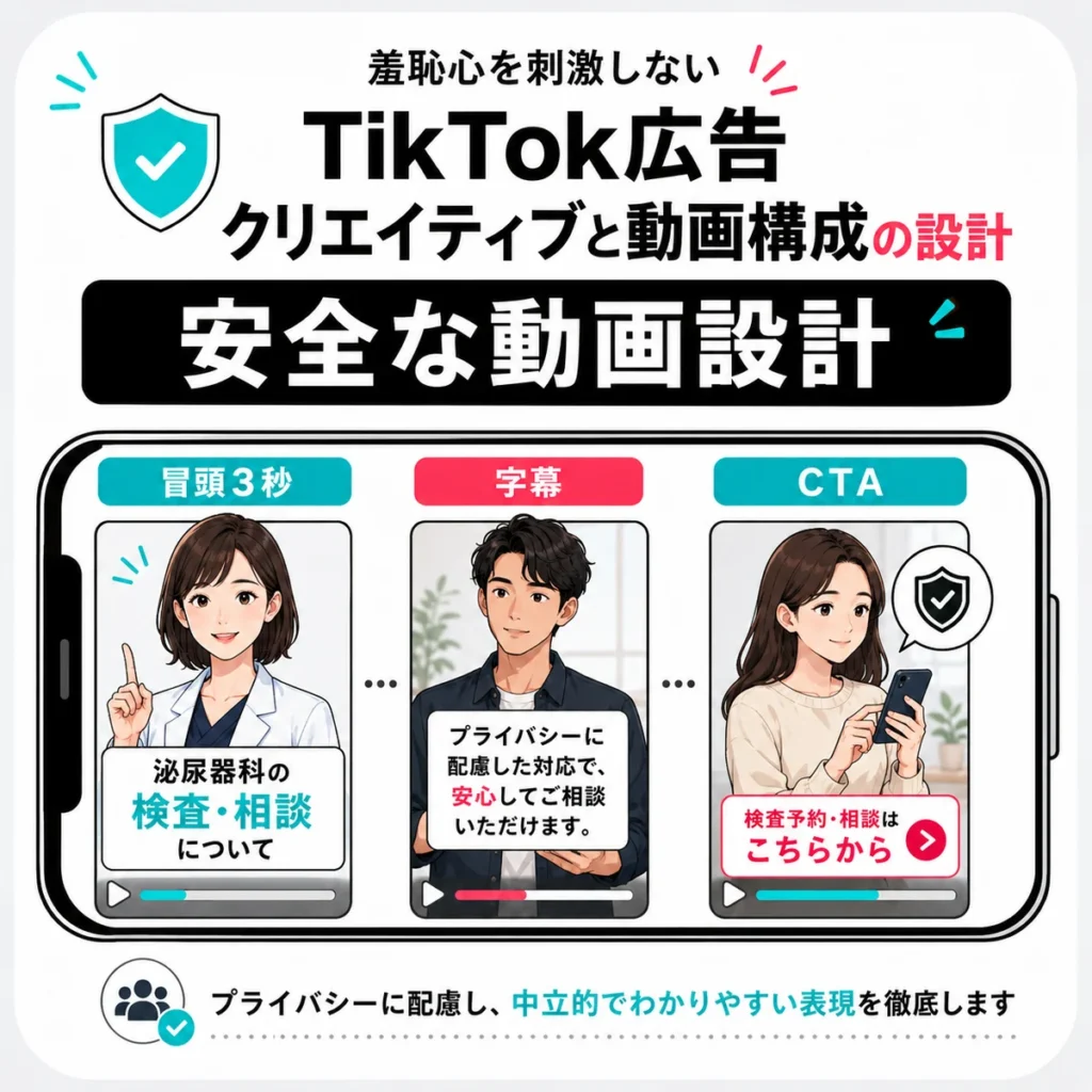 羞恥心を刺激しない安全なTikTok広告動画設計を説明するイラスト