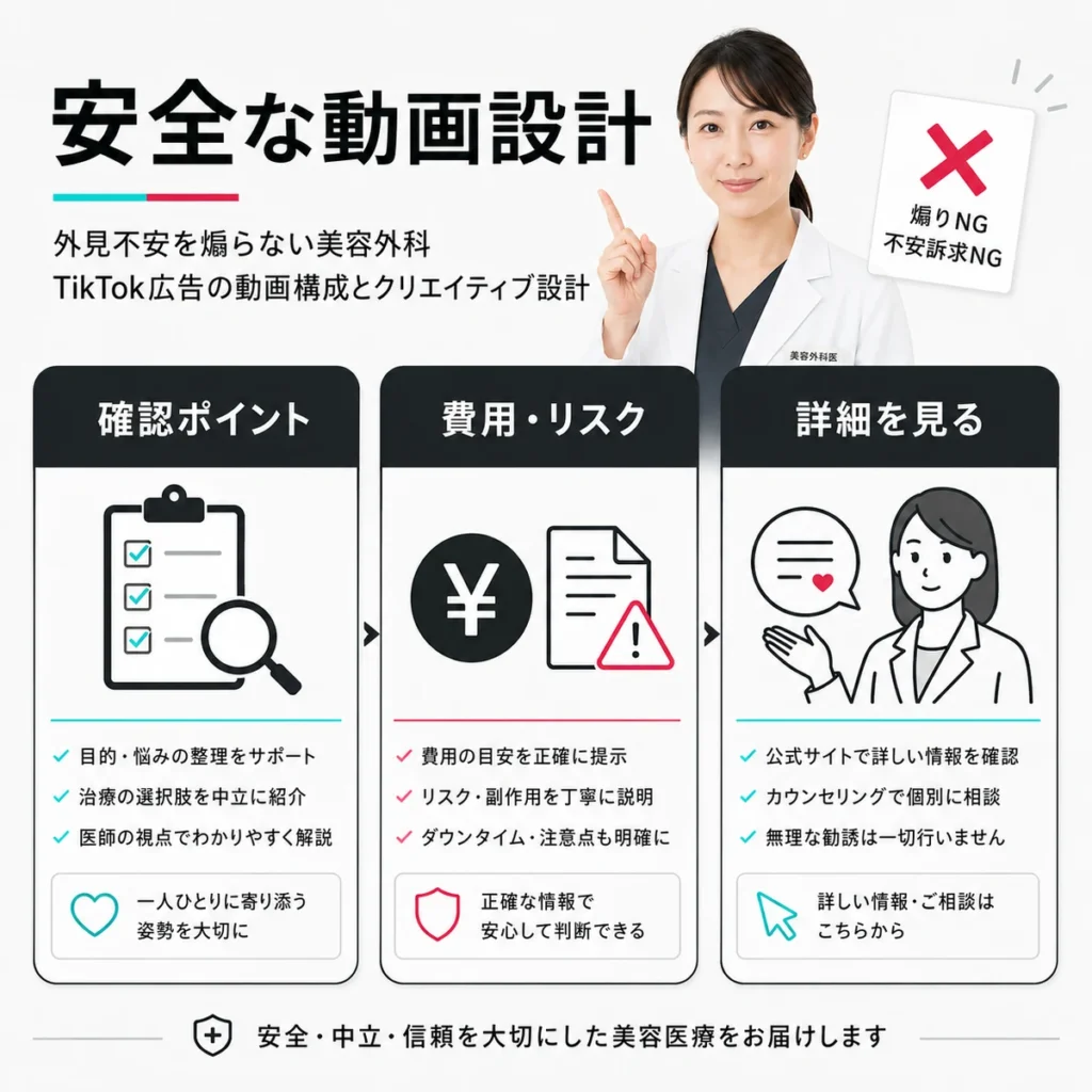 外見不安を煽らず費用やリスクを確認できる美容外科TikTok広告の安全な動画設計を示すイラスト