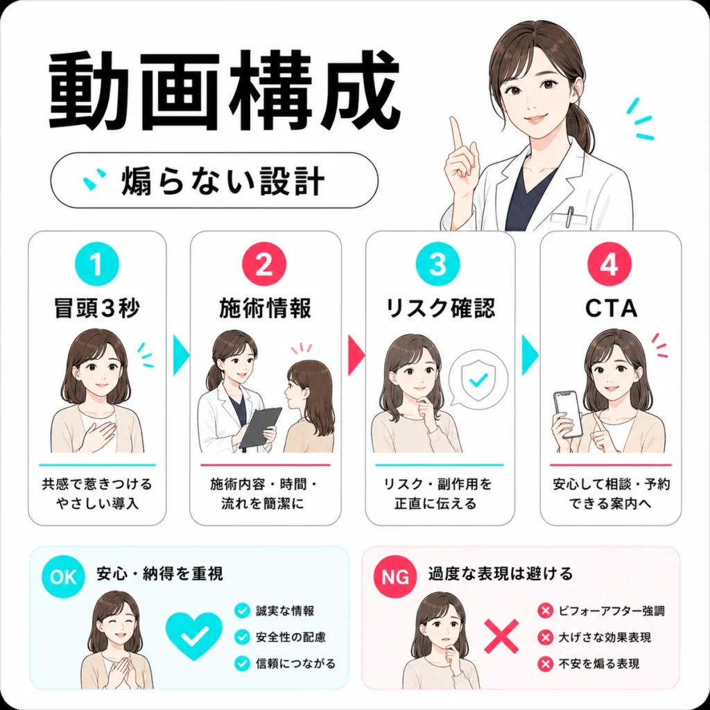 肌悩みを煽らずに美容皮膚科TikTok広告の動画構成を設計する流れを示すイラスト