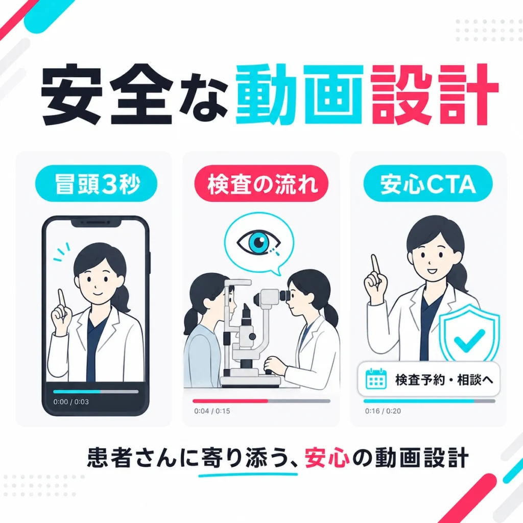 眼科TikTok広告の安全な動画設計として冒頭3秒・検査の流れ・安心CTAを示すイラスト