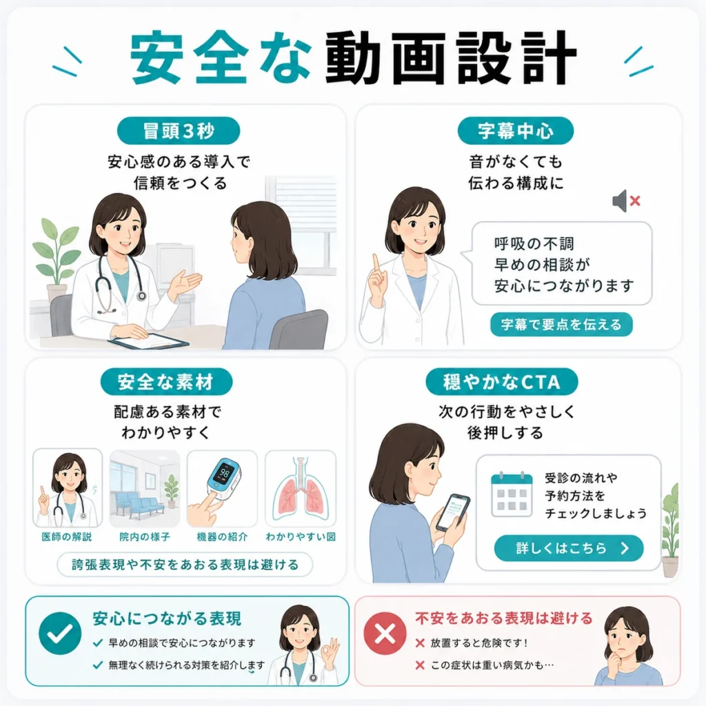 呼吸器内科のTikTok広告で安全な動画構成や字幕、CTAを設計するポイントを示すイラスト