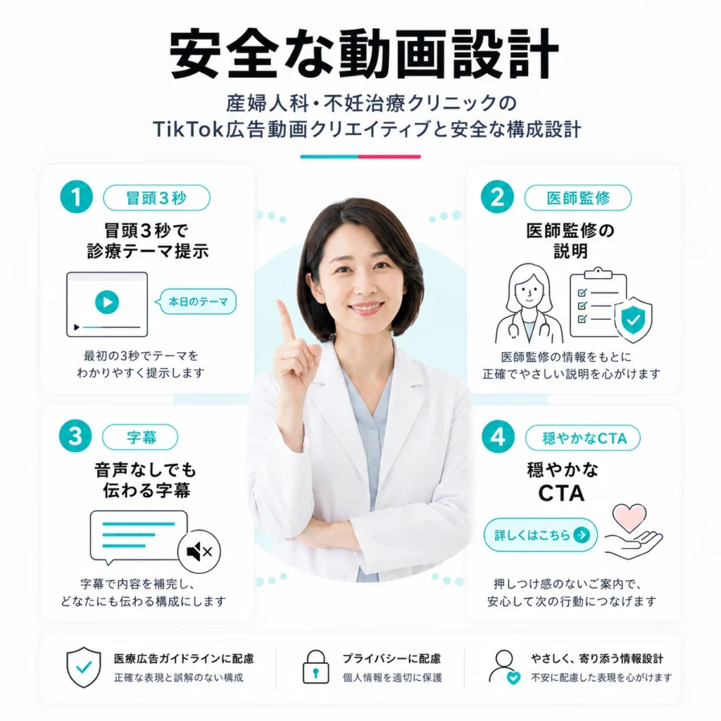 産婦人科・不妊治療クリニックのTikTok広告動画を安全に設計するポイントを示すイラスト