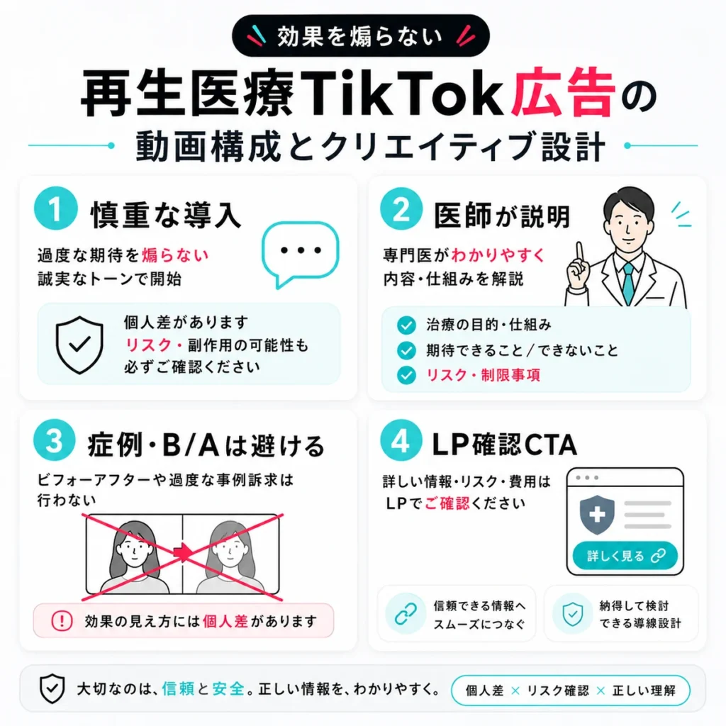 効果を煽らず医師説明やLP確認へつなげる再生医療TikTok広告の動画構成を示すイラスト