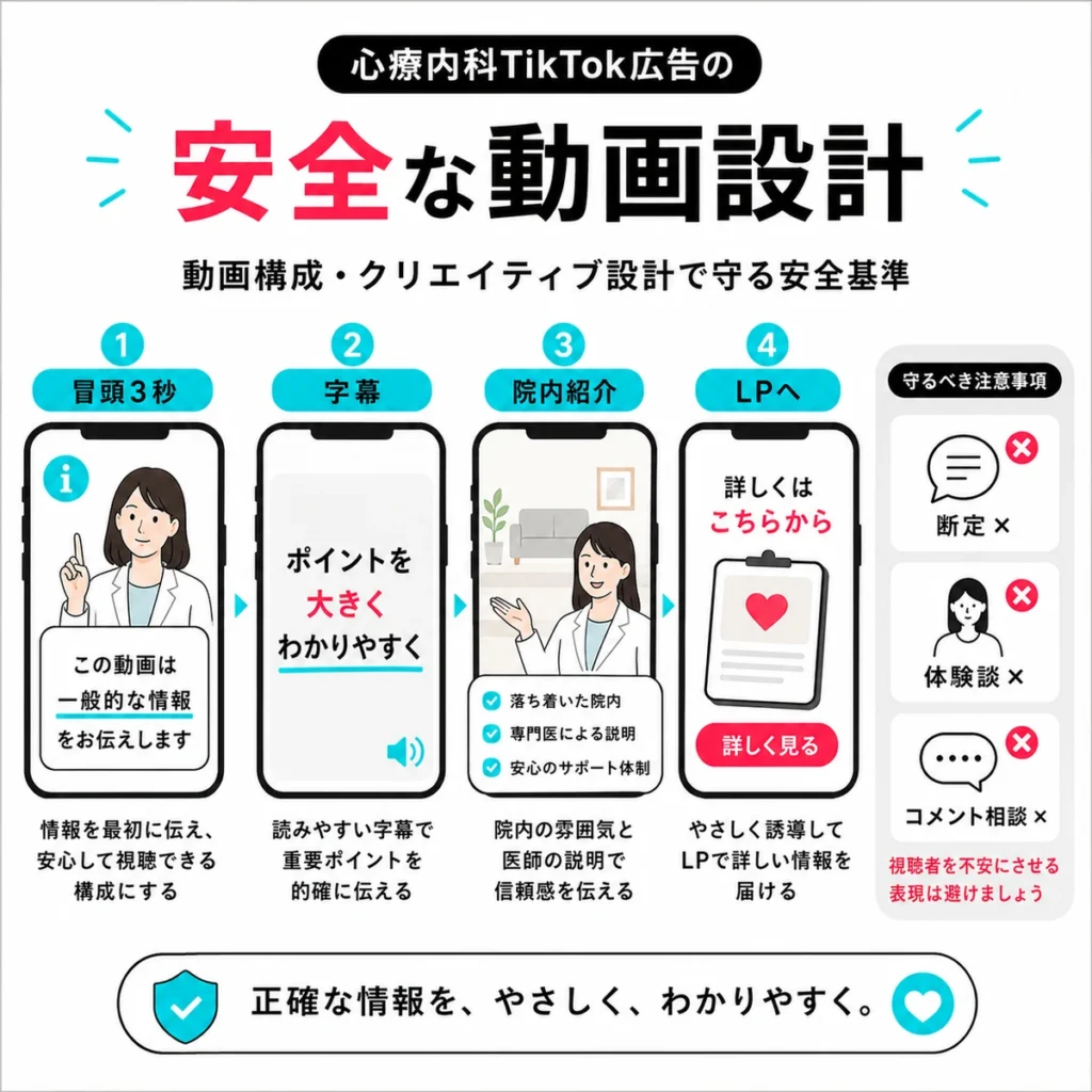 心療内科TikTok広告で冒頭、字幕、院内紹介、LP誘導を安全に設計する流れを示すイラスト
