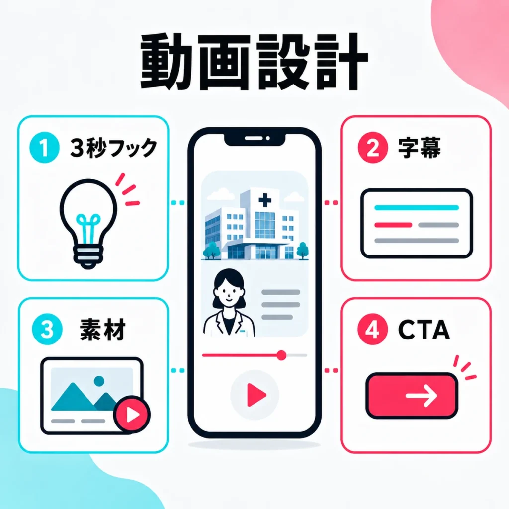 総合病院TikTok広告の動画設計で3秒フック、字幕、素材、CTAを整理するイラスト