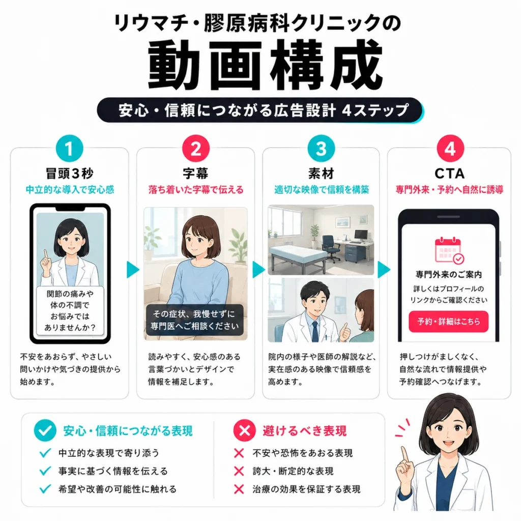 冒頭3秒、字幕、素材、CTAの4ステップで安全な動画構成を説明するイラスト