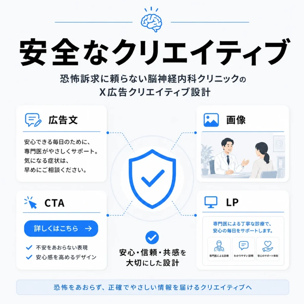 恐怖訴求に頼らず広告文・画像・CTA・LPを安全に設計する考え方を示すイラスト