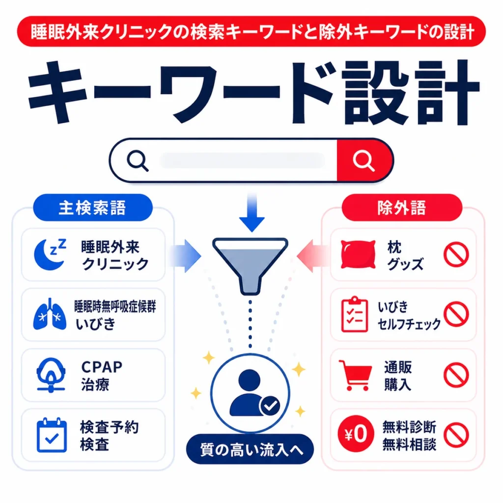 睡眠外来クリニックの主検索語と除外キーワードを整理して質の高い流入へ絞る設計を示すイラスト
