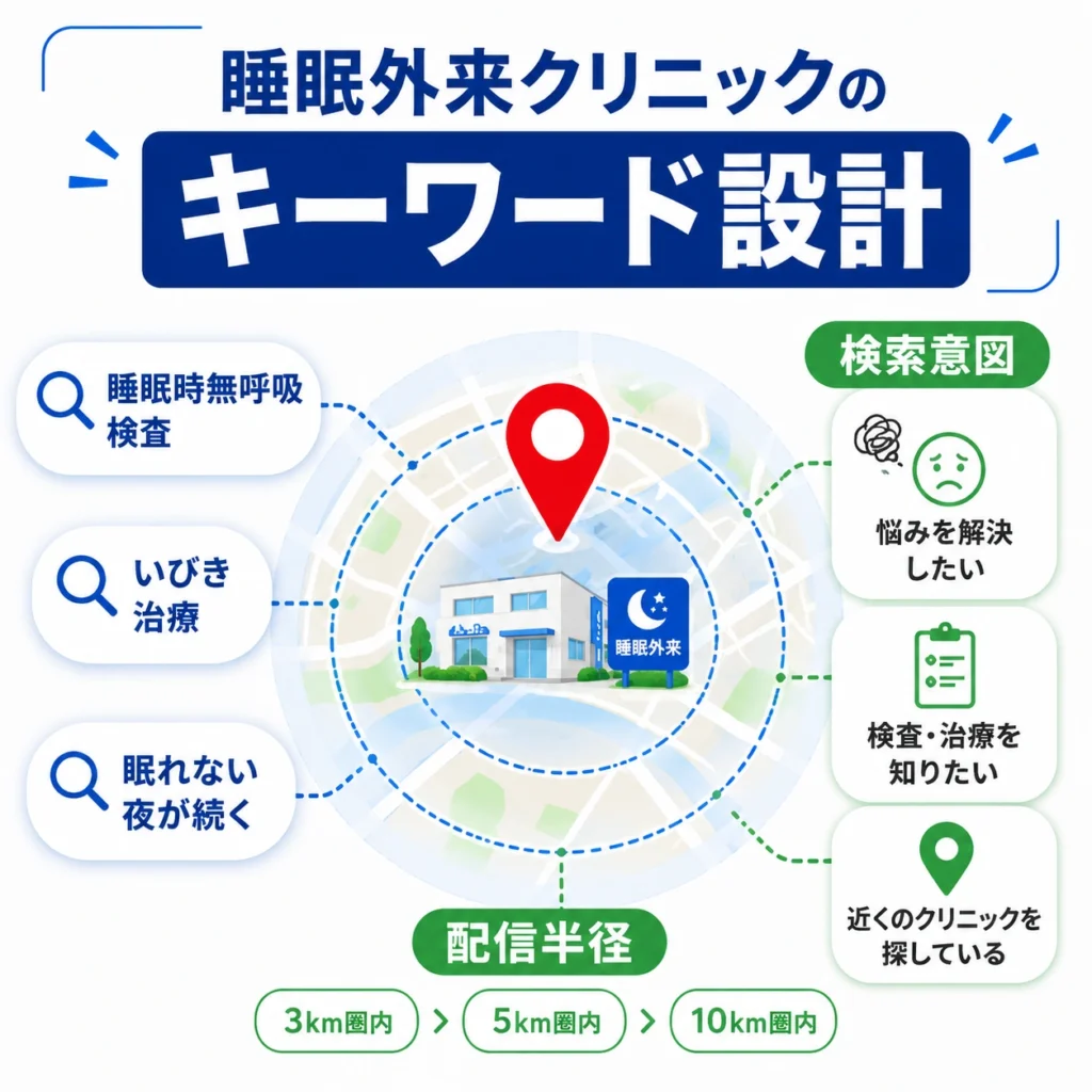 睡眠外来クリニックの検索キーワード・検索意図・配信半径の設計を地図と半径で示すイラスト