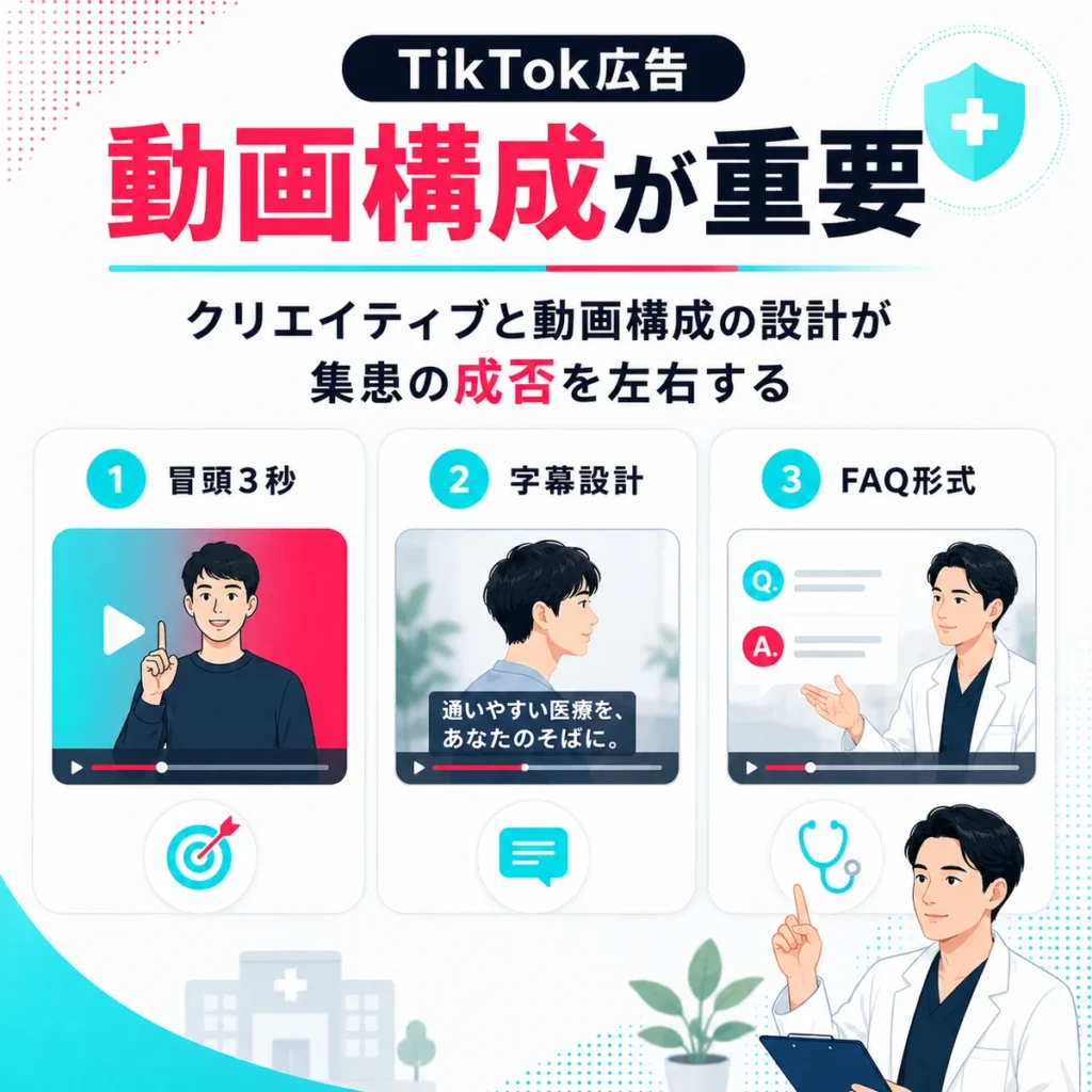 TikTok広告の動画構成で冒頭3秒・字幕設計・FAQ形式が重要であることを示すイラスト