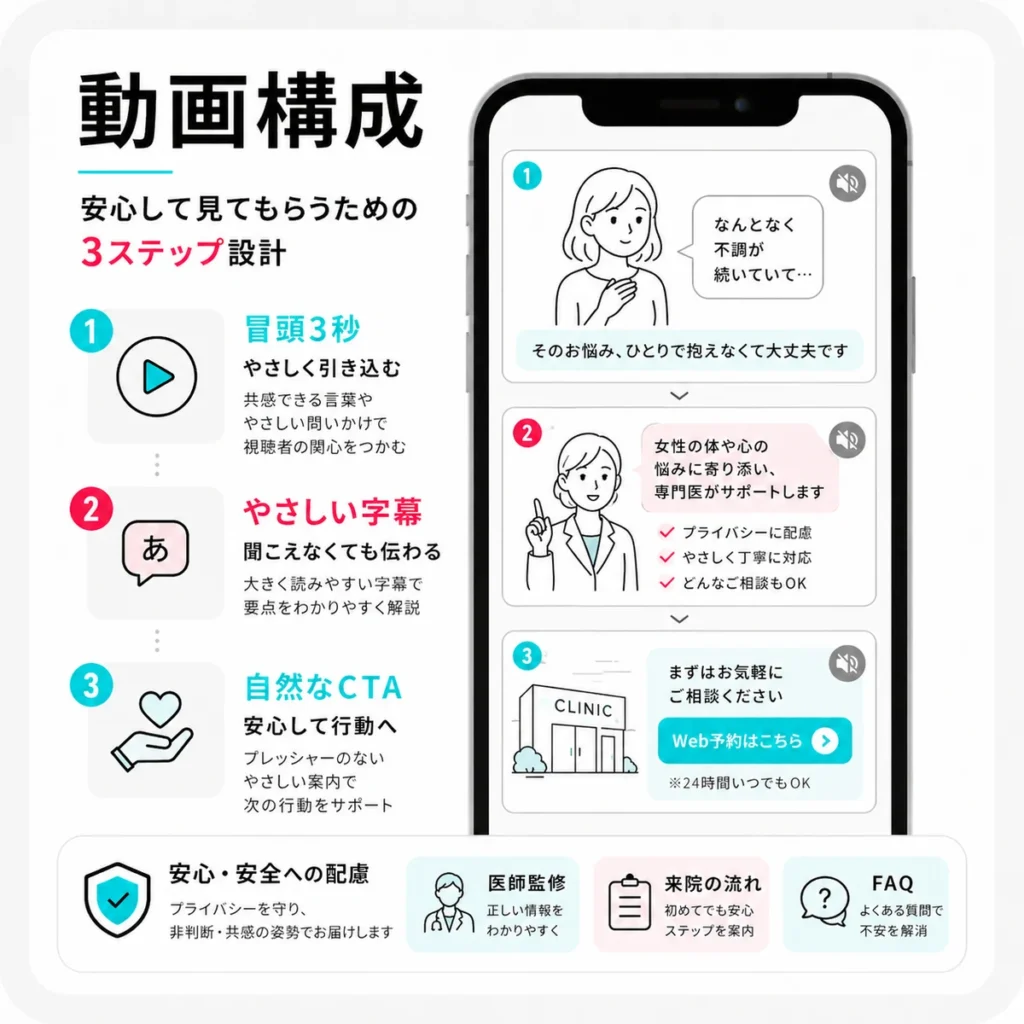 レディースクリニックのTikTok広告動画構成を冒頭3秒・字幕・CTAで説明するイラスト