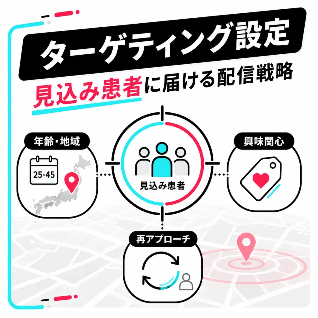 TikTok広告のターゲティング設定で見込み患者へ届ける配信戦略を示すイラスト