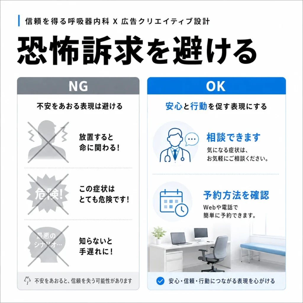 恐怖訴求を避けて安心感と信頼感を伝える呼吸器内科広告クリエイティブの比較イラスト