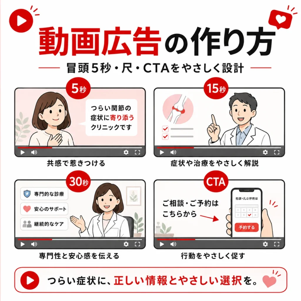 冒頭5秒や動画尺、CTAを意識したリウマチ・膠原病科の動画広告クリエイティブ設計を示すイラスト