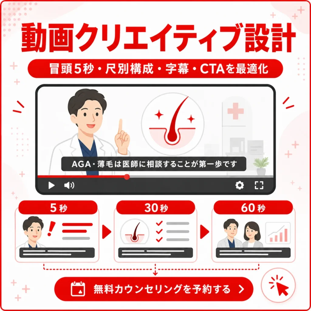 冒頭5秒や動画尺、字幕、CTAを設計するAGAクリニック向け動画クリエイティブのイラスト