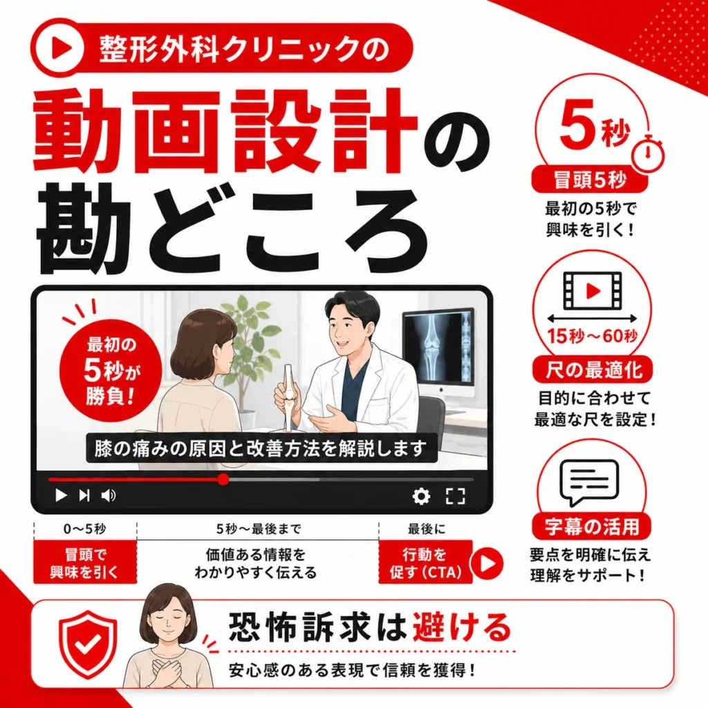 動画尺や字幕を工夫し恐怖訴求を避ける動画設計を示すイラスト