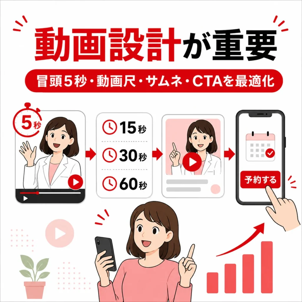 冒頭5秒や動画尺、サムネイル、CTAを整える動画クリエイティブ設計のイラスト