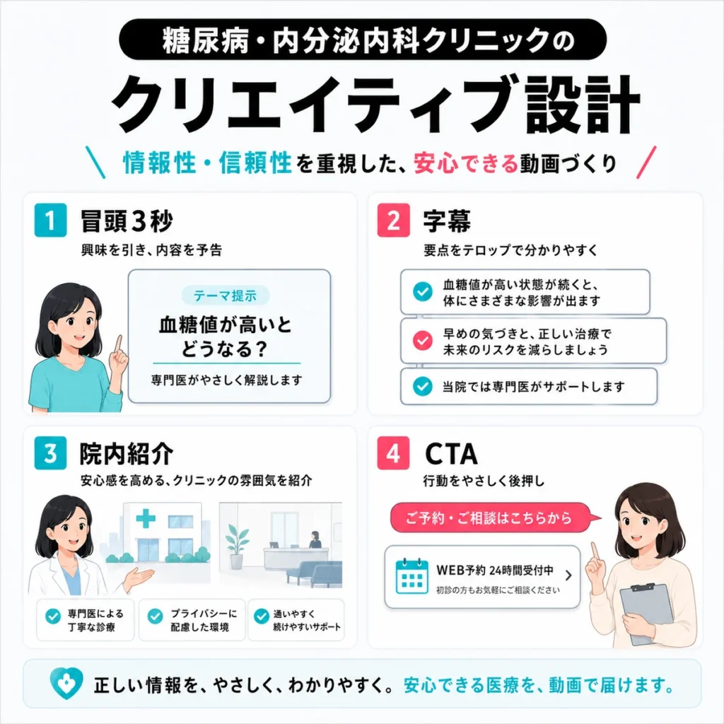 糖尿病・内分泌内科のTikTok広告クリエイティブを冒頭3秒、字幕、院内紹介、CTAで整理したイラスト