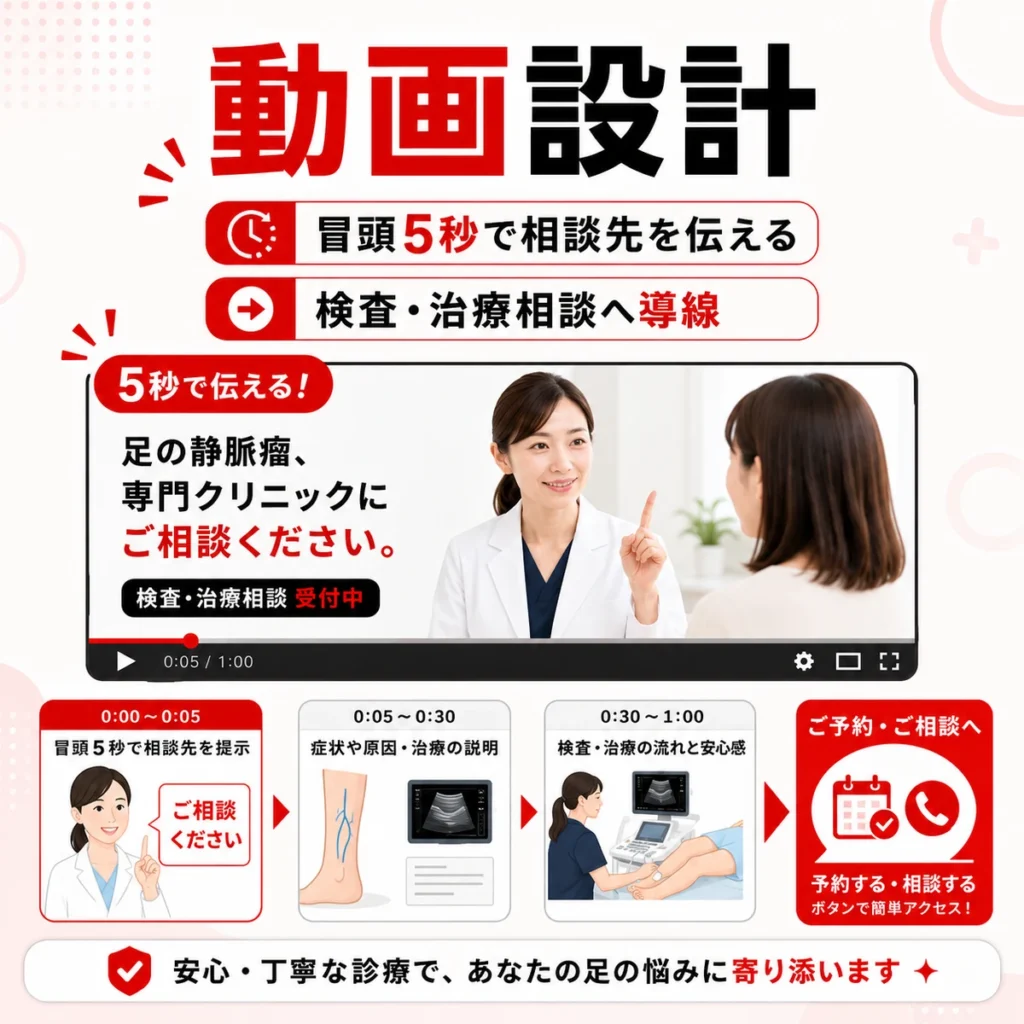 冒頭5秒から検査と治療相談へつなぐYouTube広告の動画設計を示すイラスト