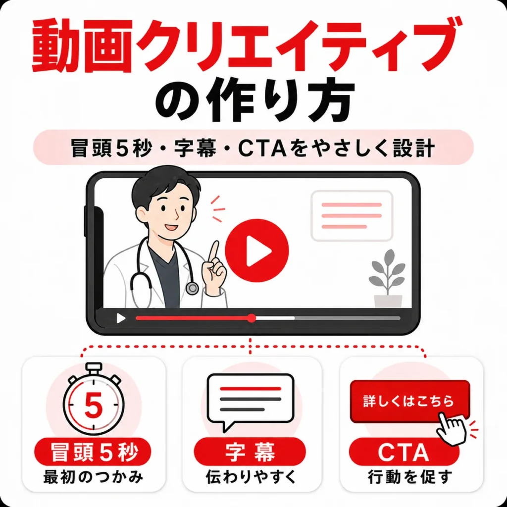 冒頭5秒や動画尺、CTAを整理して健診予約につなげる動画設計を示すイラスト