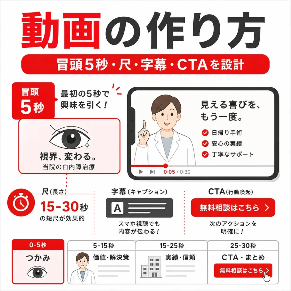 眼科YouTube広告の冒頭5秒や字幕、CTAを設計する動画クリエイティブの作り方を示すイラスト