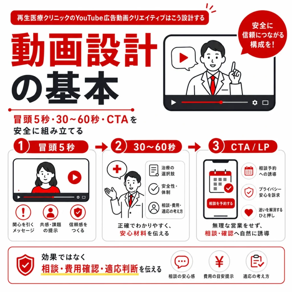 再生医療クリニックのYouTube広告動画で冒頭5秒やCTAを安全に設計するポイントを示すイラスト