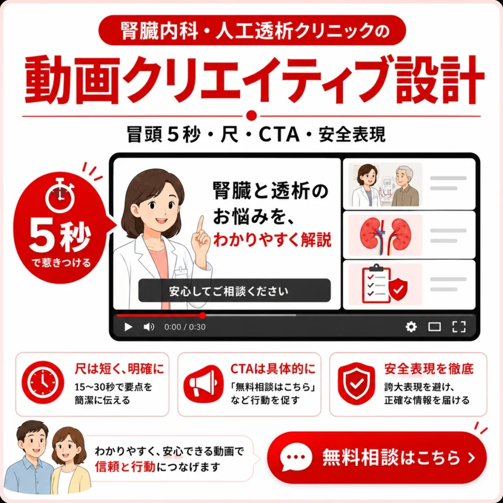 腎臓内科と人工透析クリニック向けYouTube広告の動画クリエイティブ設計を示すイラスト