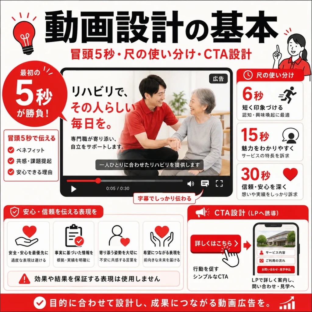 冒頭5秒や動画尺、CTA設計などYouTube広告動画の作り方を示すイラスト