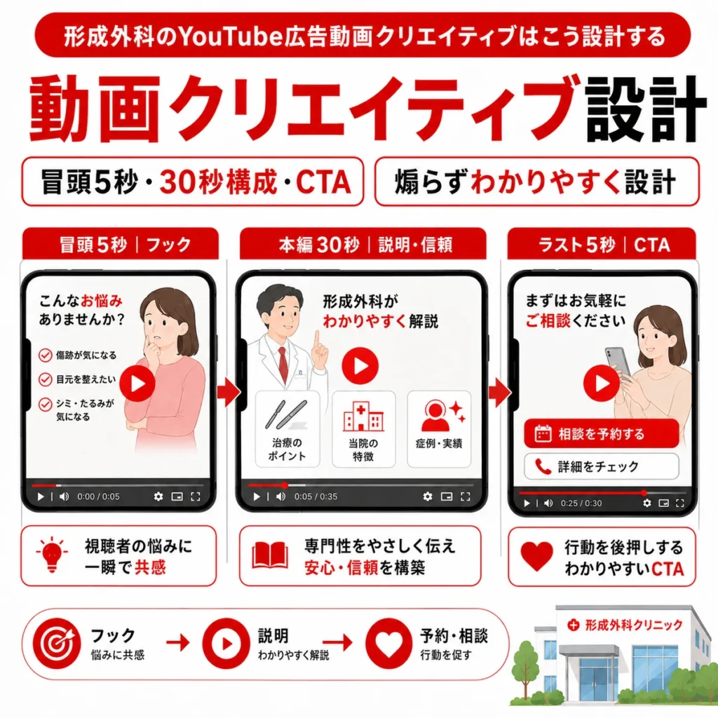 形成外科のYouTube広告動画を冒頭5秒、本編30秒、CTAに分けて設計する流れを示すイラスト