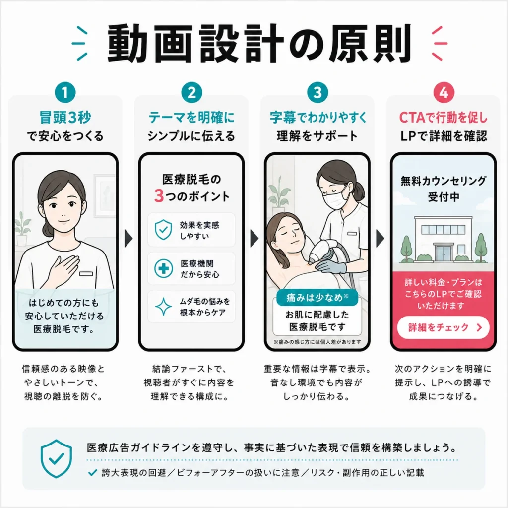 医療脱毛TikTok広告の動画構成とクリエイティブ設計の原則を示すイラスト