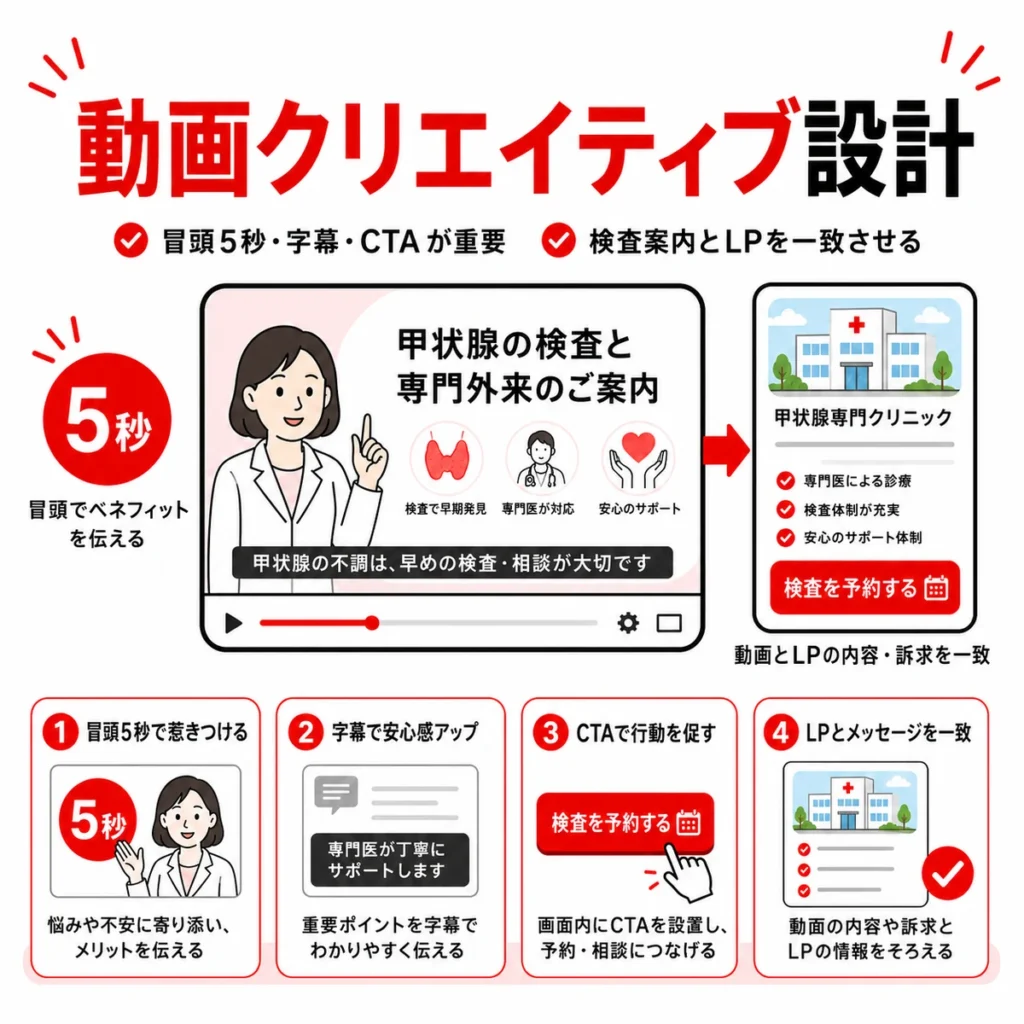 甲状腺検査と専門外来を伝える動画広告クリエイティブ設計のポイントを示すイラスト