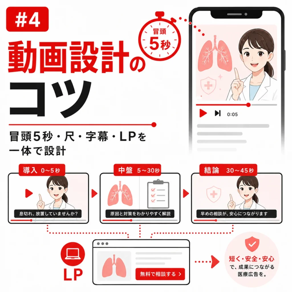 呼吸器内科のYouTube広告動画で冒頭5秒や字幕、LPを一体設計するポイントを示すイラスト